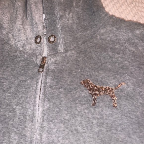 VS PINK fur lined zip up sweater grey velour - Picture 4 of 8